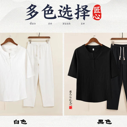 Set da due pezzi da uomo (camicie + pantaloni) in cotone di lino comodo abito Tang pantaloni Kungfu larghi nuova camicia casual retrò a maniche corte da uomo