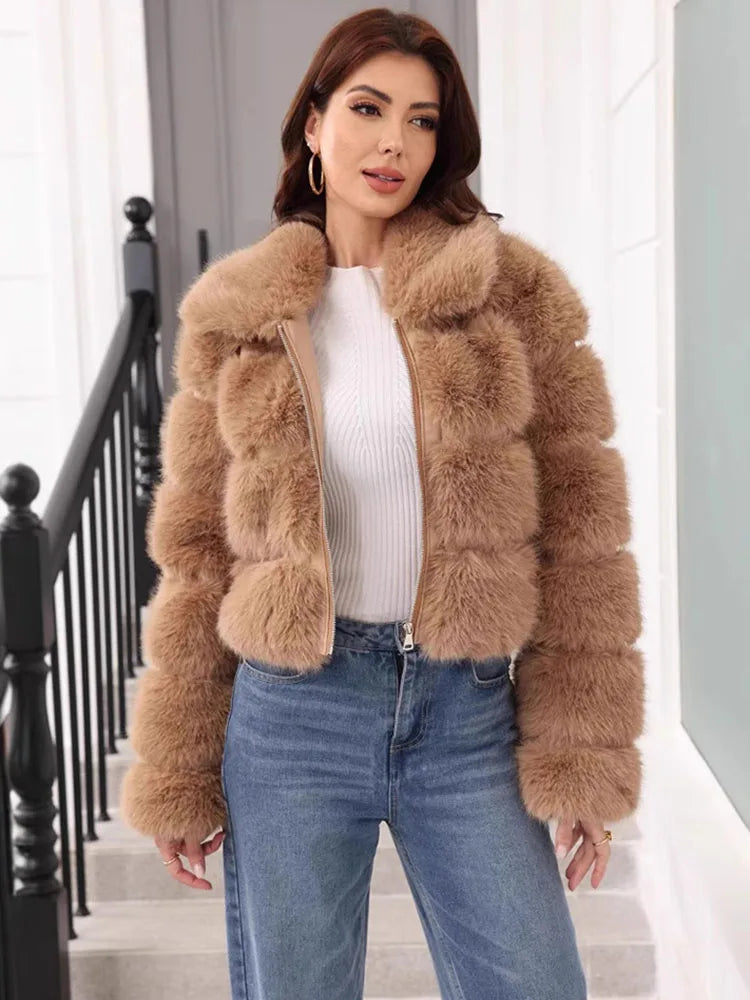 ZADORIN 2025 Chic Winter Fur Coats Woman Spliced Cropped Fluffy Faux Fur Jacket Woman Lapel Zipper Fox Fur Faux Coat Y2K Clothes