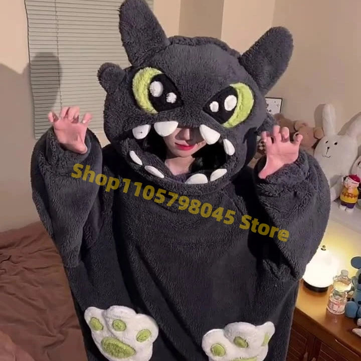 Cartoon Animal One‑Piece Pajamas Soft Coral Fleece Plush Jumpsuit Warm Loungewear For Home Sleepwear Theme Party Costume