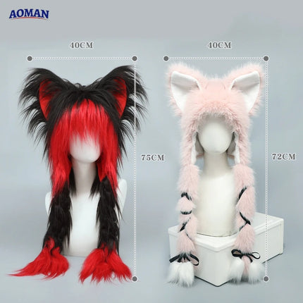 Long Plush Cat Ear Hat Fox Ear Double Braid Caps Cute Lolita Anime Fall Winter Cap Y2K Anime Cosplay Accessories