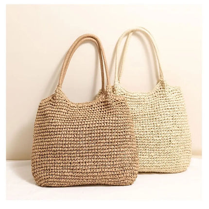Fashionable Straw Tote Bag Large Capacity Woven Beach Bag Solid Color Casual Square Beach Bag