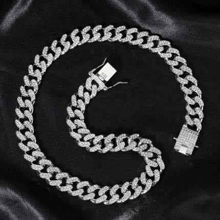 Hip Hop Men Women 14MM Prong Cuban Link Chain Necklace Bling Iced Out Tennis Chain Rhinestone Paved Miami Cuban Necklace Jewelry PlatiNum