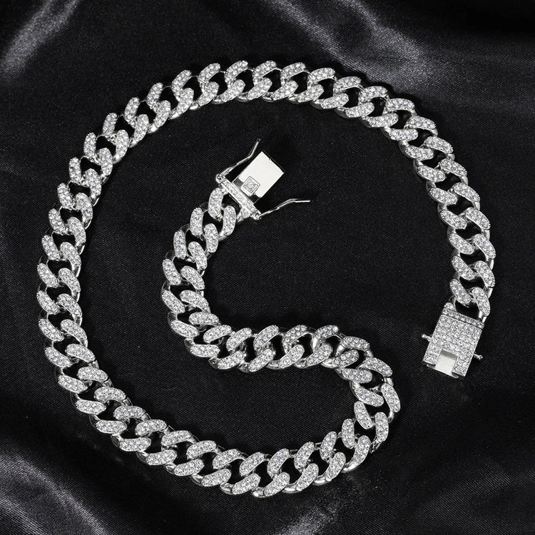 Hip Hop Men Women 14MM Prong Cuban Link Chain Necklace Bling Iced Out Tennis Chain Rhinestone Paved Miami Cuban Necklace Jewelry PlatiNum