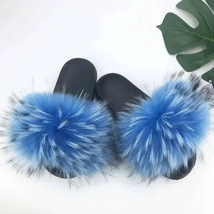 Real Raccoon Fur Slippers for Women 2023 Summer Fluffy Indoor Home Fuzzy Flat Slides Outdoor Fashion Beach Sandals Flip Flops