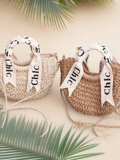 Borsa da Spiaggia in Rattan Intrecciato, Borsa Estiva da Donna, Borsa a Tracolla, Borsa a Cesto, Borsa a Tracolla Singola, Materiale Morbido in Poliestere