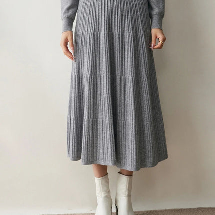 Autumn Winter Women Tiered Skirt Cashmere A-line Pleated Skirt Elastic Waist 100% Cashmere Knitted High Quality Soft Solid Dress PlatiNum