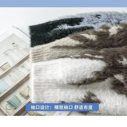 Men Jacquard Furry Sweater Long Sleeve Thick Print Faux Mink Velvet Knit Dyed Pullover O Neck High Street Warm Sweater Jumpers