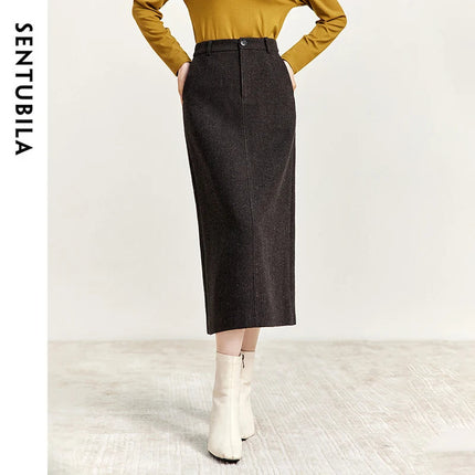 SENTUBILA Straight Wool Skirt Women 2025 Winter Vintage Elegant Tweed High-waist Slit-hem Temperament Long Skirts 144Q56942 PlatiNum