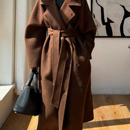 Korean Fashion Dark Gray Stand Collar 100%Wool Coat Women Long Winter Jacket
