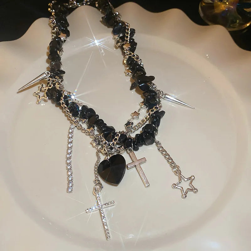 Collana con nappa zircone dal design di personalità, strass brillanti, croce a forma di cuore, collane girocollo, gioielli di moda da donna