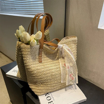 Large Capacity Summer Tote Bag, Women's Hand-Woven Shoulder Bag, Fresh Rural Style