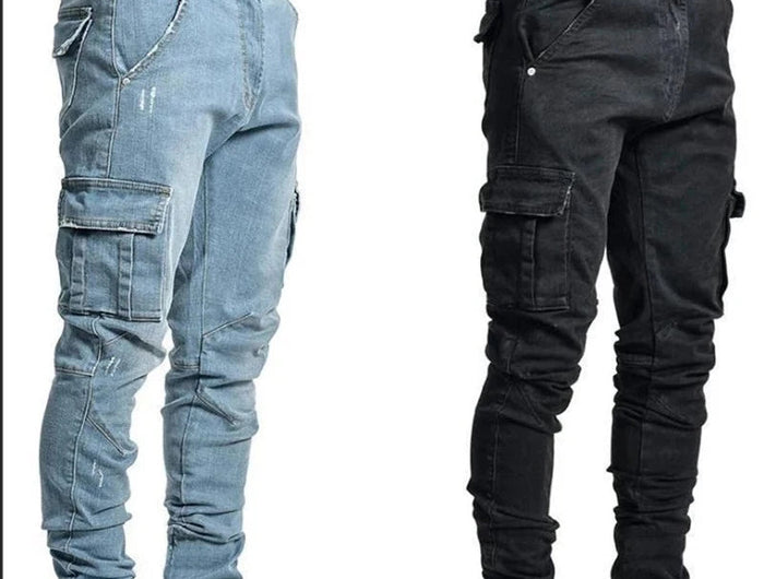 Men Street Elastic Denim Jeans Wash Solid Color Multi Pockets Cargo Pants Casual Slim Fit Daily Wear Joggers Mid Waist Trousers PlatiNum