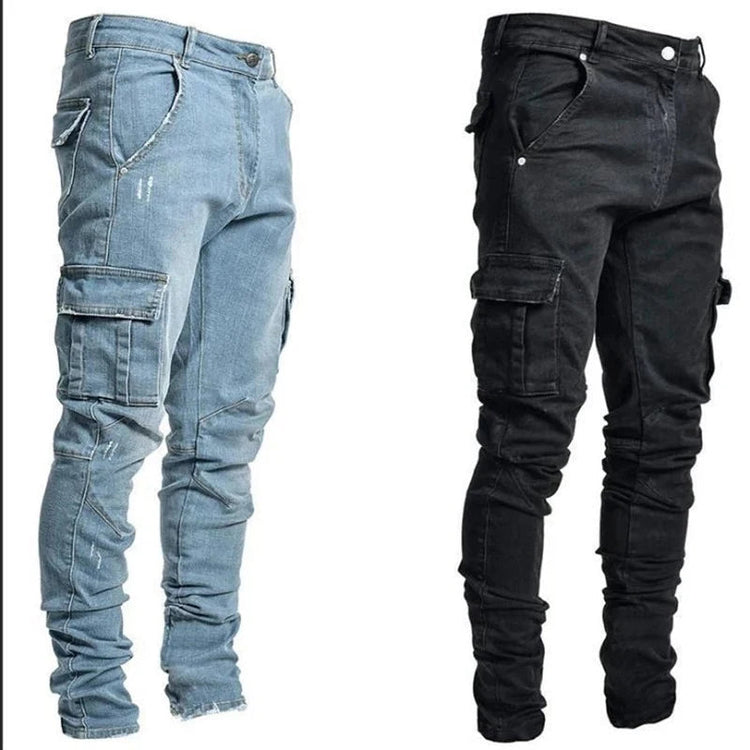 Men Street Elastic Denim Jeans Wash Solid Color Multi Pockets Cargo Pants Casual Slim Fit Daily Wear Joggers Mid Waist Trousers PlatiNum