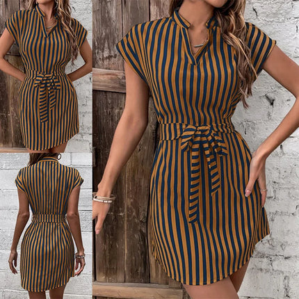 Summer New Striped Print Dress for Women 2024 Fashion V-Neck Sleeveless Lace-Up Short Skirt Elegant Office Lady Slim Dresses