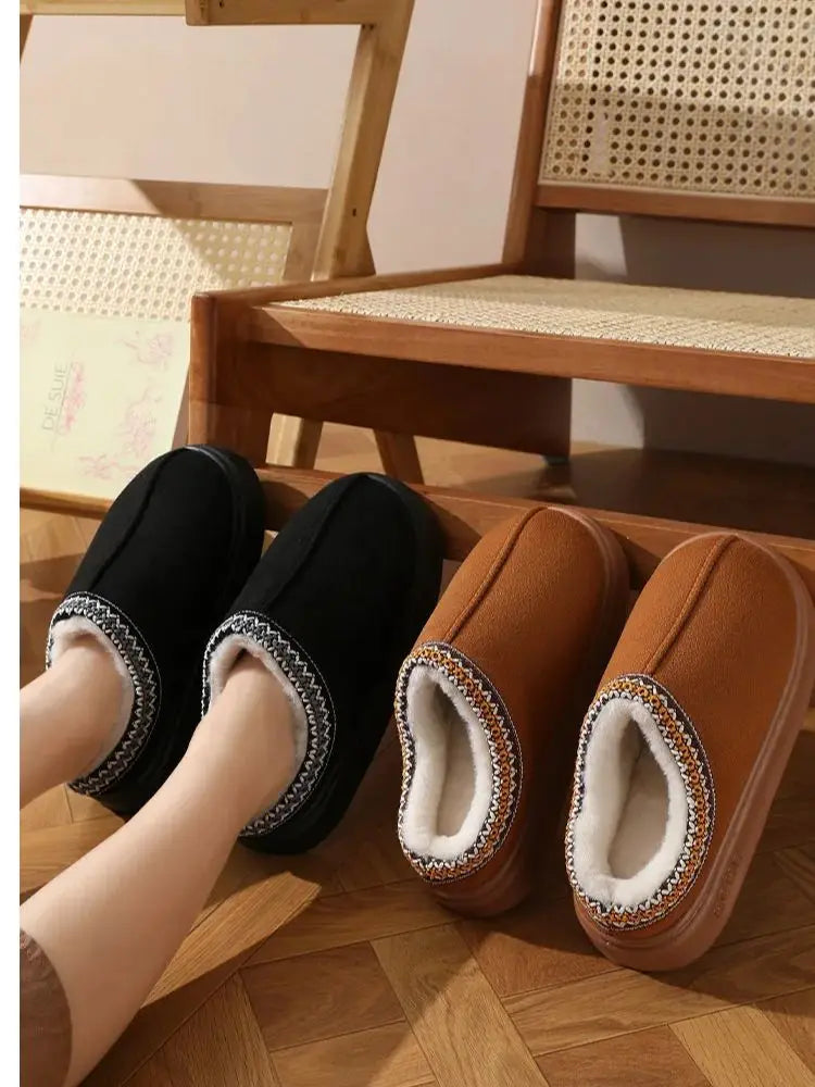 Men's High-End New Solid Color Faux Suede Patchwork Couple's Home Slippers, Thick-Soled, Non-Slip, Lightweight, Warm Cotton Slippers for Women