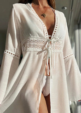 Copricostume da spiaggia Manica lunga con scollo a V Pareo Abbigliamento da spiaggia Protezione solare Abbigliamento da spiaggia lavorato a maglia Copricostume in pizzo Abito da spiaggia per le vacanze platinumshop