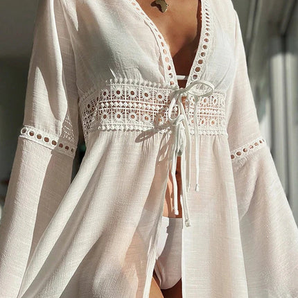 Copricostume da spiaggia Manica lunga con scollo a V Pareo Abbigliamento da spiaggia Protezione solare Abbigliamento da spiaggia lavorato a maglia Copricostume in pizzo Abito da spiaggia per le vacanze platinumshop