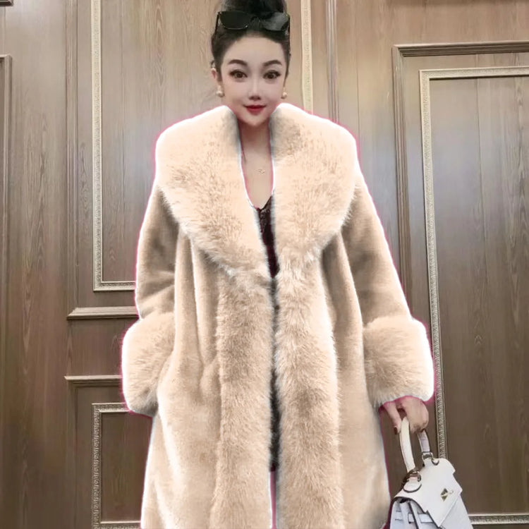 Faux Fur Coats Women Long Coat Thick Warm Turn Down Collar Open Stitch Spring Outerwear Jackets Elegant Splice Autumn Winter