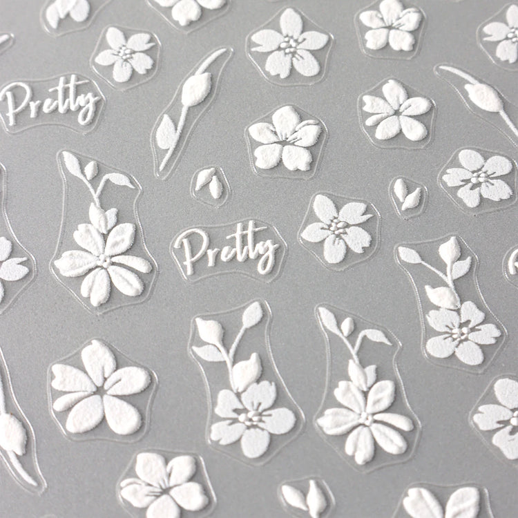 2pcs White Flower 3D Nail Art Stickers Sakura Blooming Florals Leaf Self-Adhesive Nail Decorations Sliders for DIY Manicure
