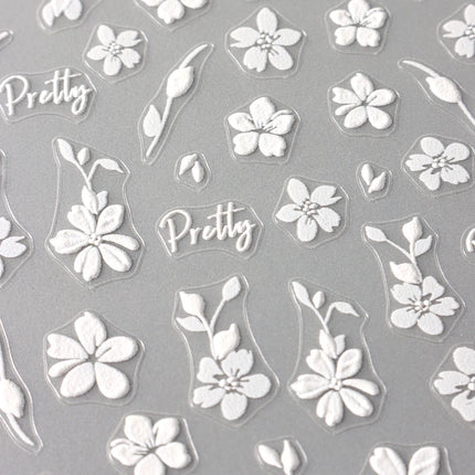 2pcs White Flower 3D Nail Art Stickers Sakura Blooming Florals Leaf Self-Adhesive Nail Decorations Sliders for DIY Manicure