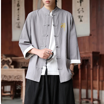 Camicie in cotone e lino Stile cinese retrò Tai Chi Kung Fu Camicie tradizionali Ricamo Camicia da uomo comoda e traspirante vestibilità ampia