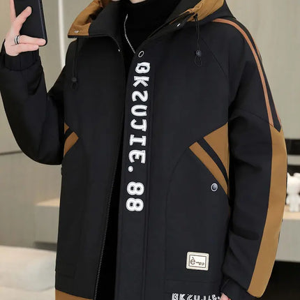 Fashion Autumn Winter Men's Hooded Fleece Jackets Youth High Streetwear Casual Plush Liner Coats Windproof Padded Tops Clothing
