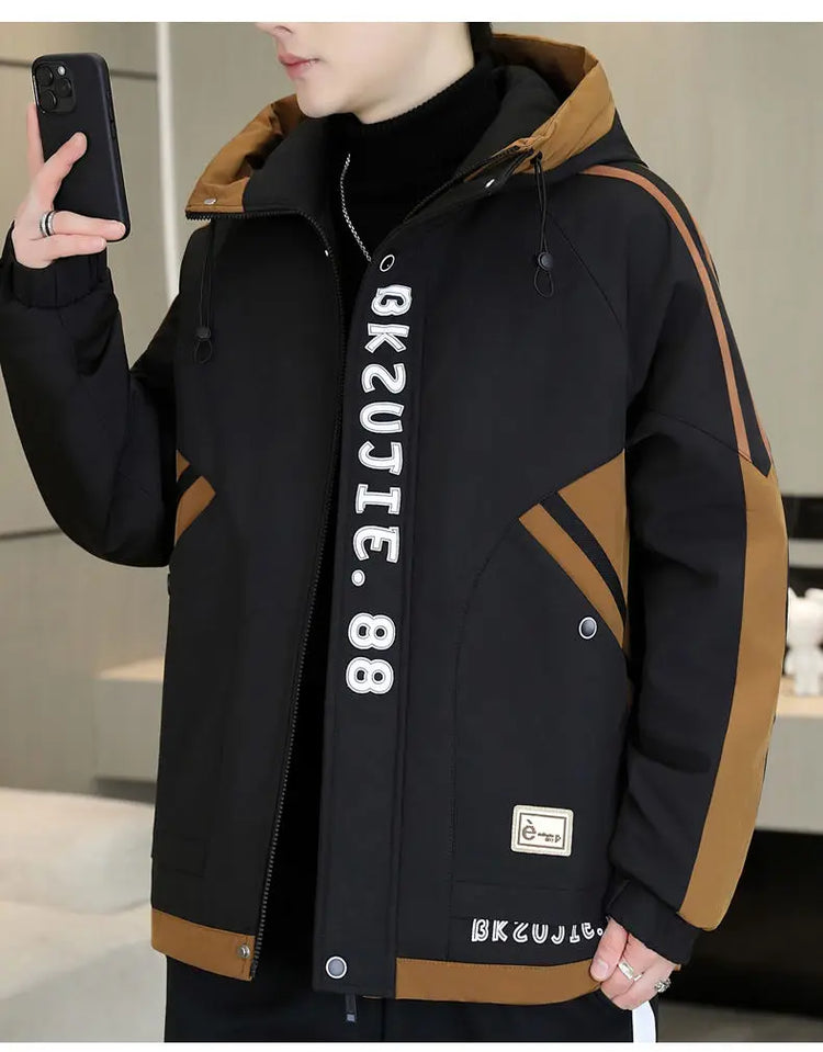 Fashion Autumn Winter Men's Hooded Fleece Jackets Youth High Streetwear Casual Plush Liner Coats Windproof Padded Tops Clothing