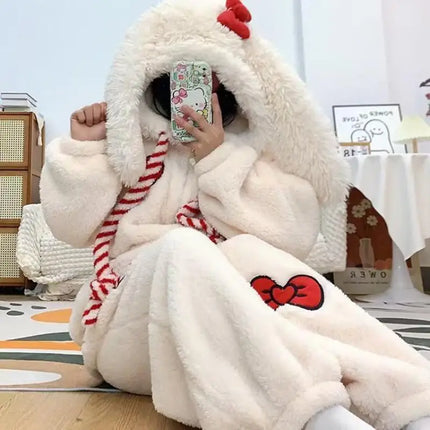 Girls Cartoon Bunny Kigurumi Onesie Pajamas Winter Thick Plush Fleece Hooded Jumpsuit Sleepwear Cute Bow Homewear Loungewear