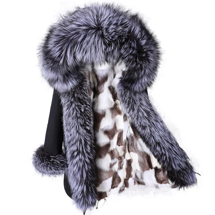 Winter Long Jacket Real Fur Coat Women Clothes Large Silver Fox Fur Collar Detachable Natural Fox Lining Parkas Leather Fur