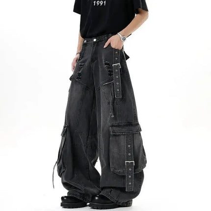 IEFB Jeans da uomo stile americano tinta unita multi tasche pantaloni casual usurati decostruzione pantaloni in denim a gamba larga 9W4066