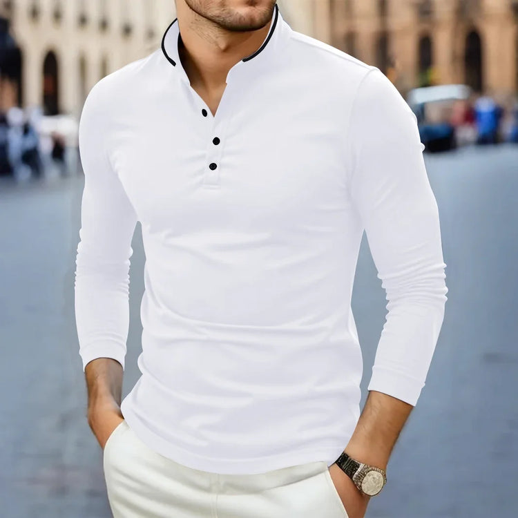 2025 T-shirt da uomo nuova casual e alla moda tinta unita a maniche lunghe con colletto alla coreana