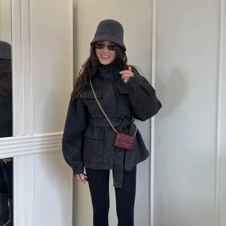 Casual Solid Woolen Loose Coats Women Belt Stand Collar Full Sleeve Zippers Lace Up Coat Female 2026 Autumn Lady Outwears