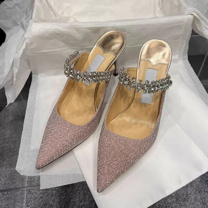 European and American Women Slippers 2025 Summer New Rhinestone High Heels Pointed Temperament Muller Shoes
