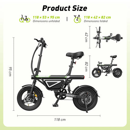 Bicicletta Elettrica EB1S da 14 Pollici, Motore 250W, Batteria 12Ah, Autonomia 30-50km, 3 Velocità, Velocità Massima 25km/h, Sospensione Centrale, E-Bike Pieghevole per Città, Bicicletta Elettrica per Adulti con Controllo