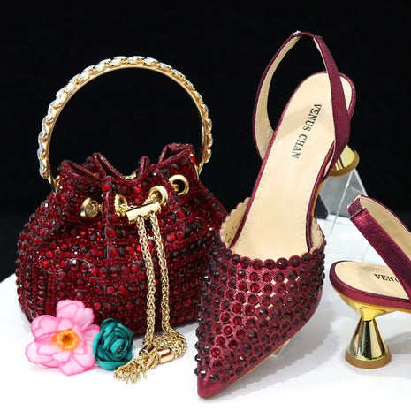 Venus Chan Pointed Toe Heels for Women 2023 Elegant Party Wine Color Full Diamond Pumps Italian Shoes and Bags Matching Set PlatiNum