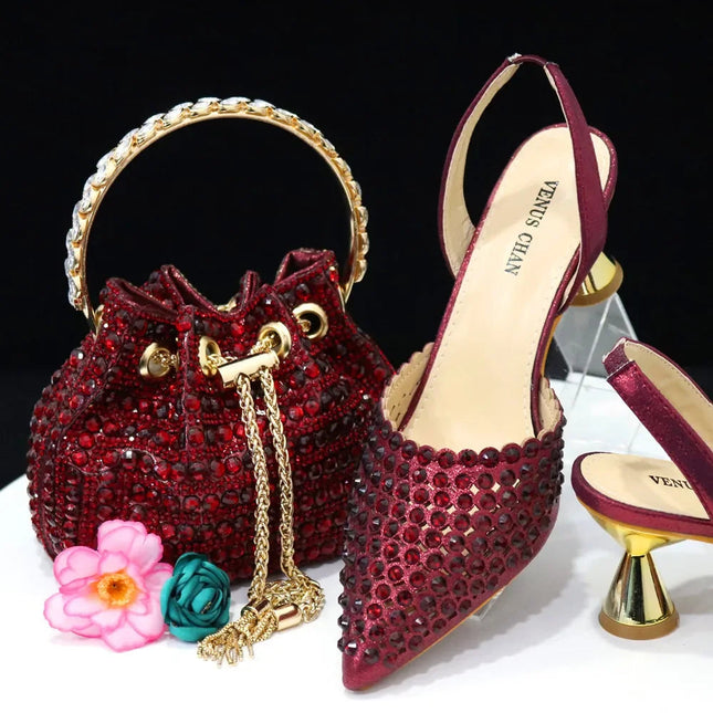 Venus Chan Pointed Toe Heels for Women 2023 Elegant Party Wine Color Full Diamond Pumps Italian Shoes and Bags Matching Set PlatiNum