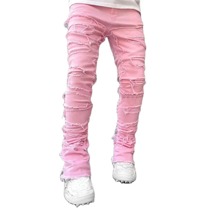 Men's Regular Fit Stacked Jeans Ripped Slim Fit Patch Distressed Destroyed Straight Denim Pants Hip Hop Streetwear Trouser Cloth PlatiNum