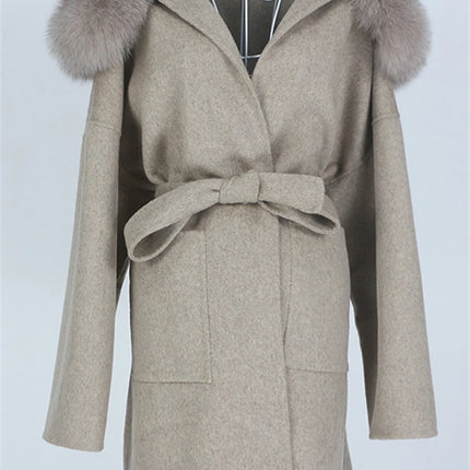 OFTBUY Omen Double Face Wool Coat Natural Fur Coat Wool Blend Jacket Winter Warm Elegant Long Sleeve Fur Cuffs Fashion Outerwear