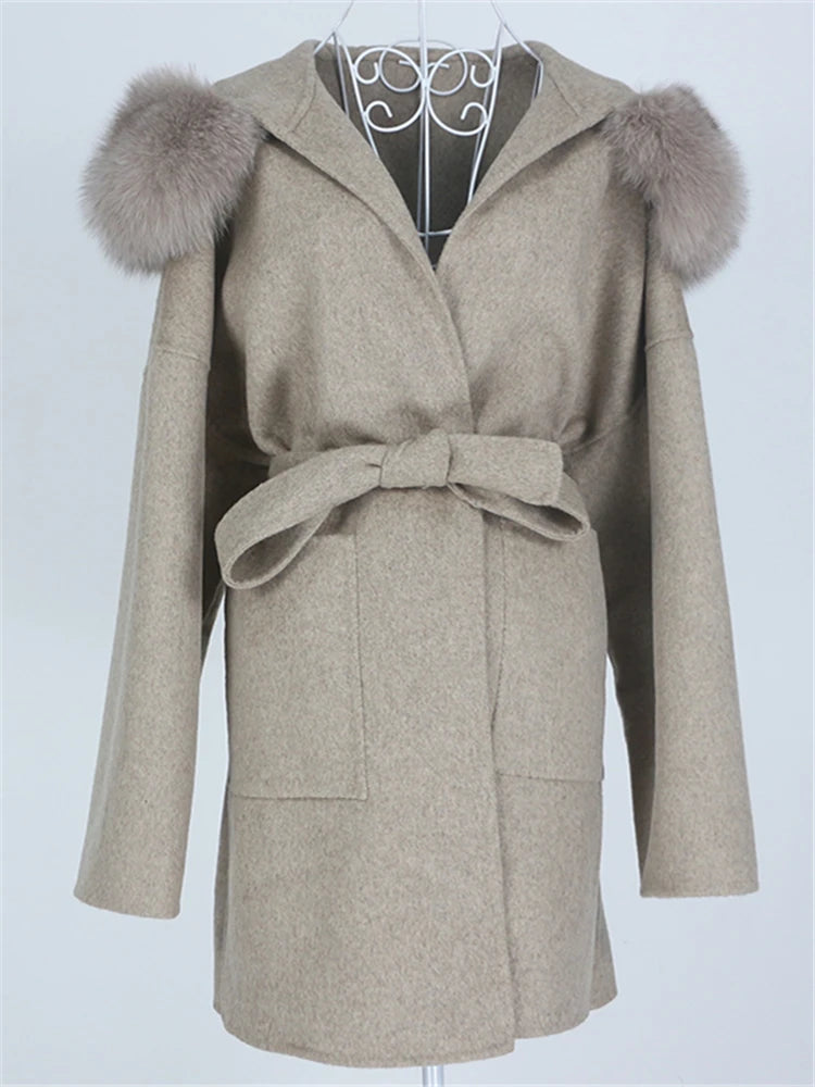 OFTBUY Omen Double Face Wool Coat Natural Fur Coat Wool Blend Jacket Winter Warm Elegant Long Sleeve Fur Cuffs Fashion Outerwear