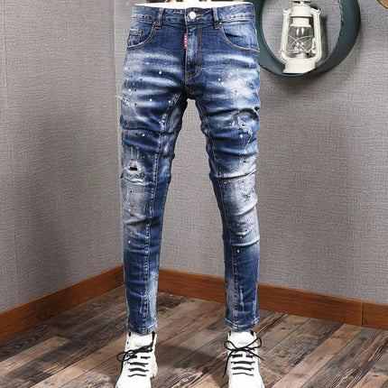 Fashion Streetwear Men Jeans Retro Black Blue Elastic Slim Fit Ripped Jeans Men Spliced Designer Embroidery Hip Hop Denim Pants PlatiNum