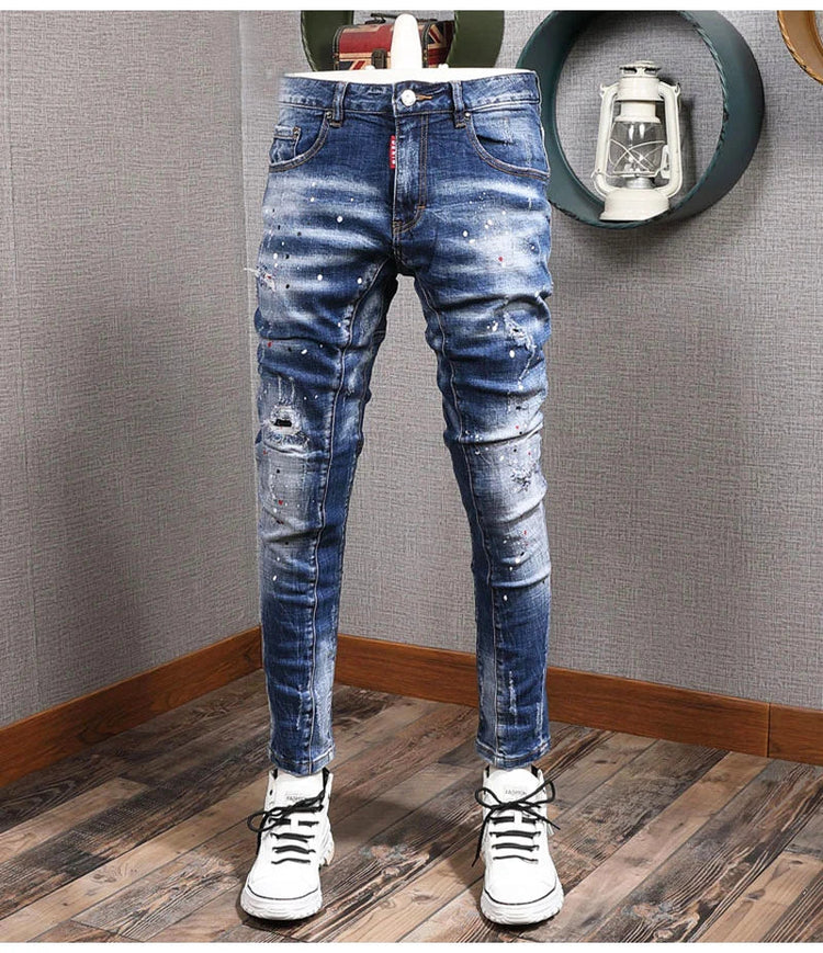 Fashion Streetwear Men Jeans Retro Black Blue Elastic Slim Fit Ripped Jeans Men Spliced Designer Embroidery Hip Hop Denim Pants PlatiNum
