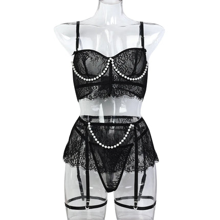 Sexy Erotic Womens Western Style Handmade Pearl 4 Piece Set Sensual See Through Lace Alluring Bowknot Attractive Breathable Set