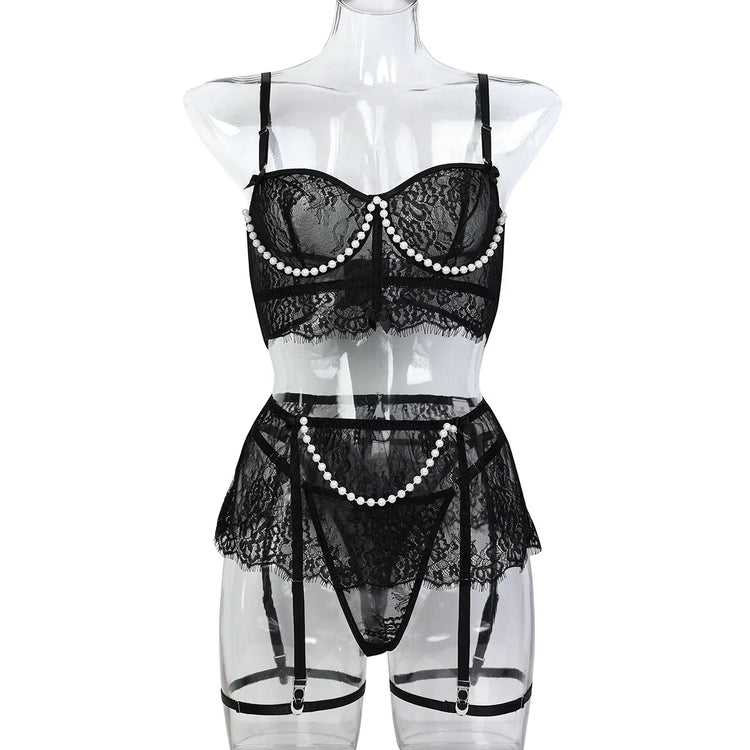 Sexy Erotic Womens Western Style Handmade Pearl 4 Piece Set Sensual See Through Lace Alluring Bowknot Attractive Breathable Set