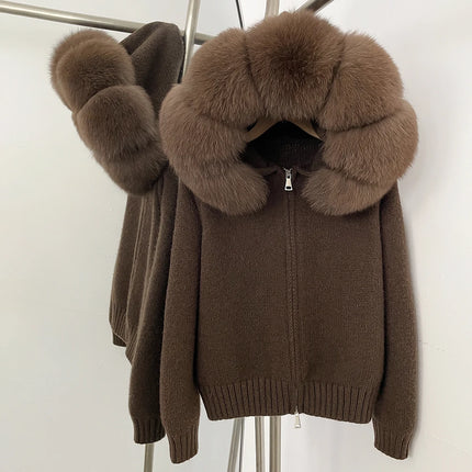 OFTBUY Real Fox Fur Kintwear Women New Spring Autumn Hooded Sweater Female Loose Zipper Kintted Jacket Oversized Cardigan