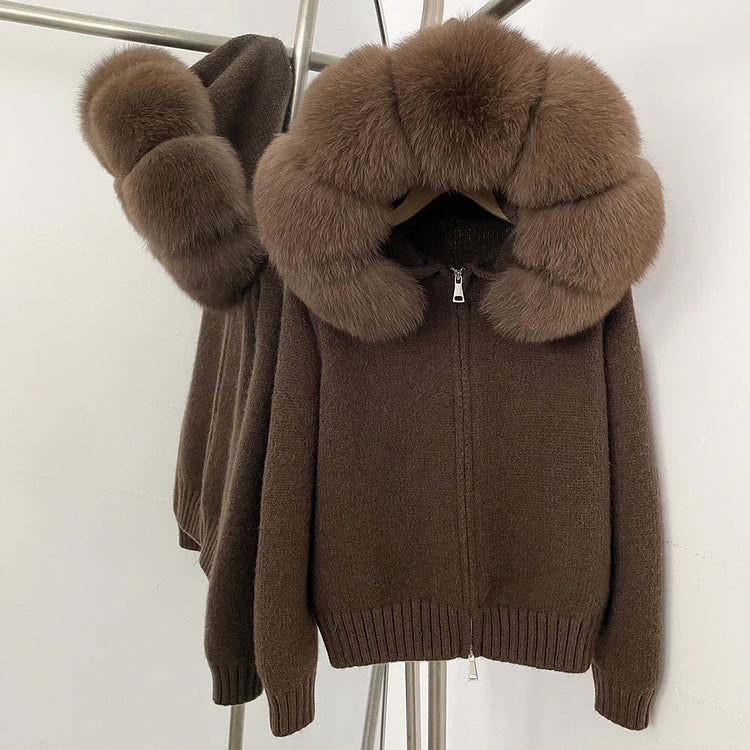 OFTBUY Real Fox Fur Kintwear Women New Spring Autumn Hooded Sweater Female Loose Zipper Kintted Jacket Oversized Cardigan