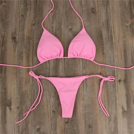 Women's Beach Style Halter Swimsuit Solid Thong Bikini Set Sexy Bathing Suit Female Swimwear