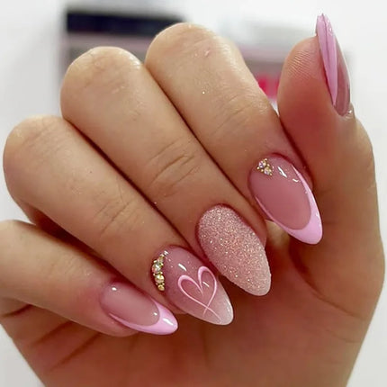 24pcs Pink Flower Almond Press on Nails Kawaii False Nails Wearable Stick-on Nails Fake Nail Uñas Postizas Накладные Ногти 네일팁2028