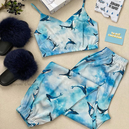 Pigiama da donna in raso di seta Set scollo a v senza maniche Top Sleepwear indumenti da notte pigiama con stampa lavanda Sexy abbigliamento per la casa abbigliamento da casa
