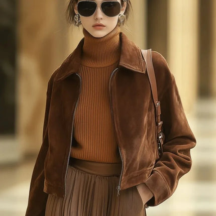 Autumn and winter short suede jacket women's vintage leather down lapel slim jacket jacket women's