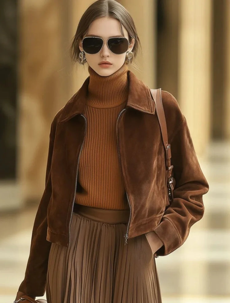 Autumn and winter short suede jacket women's vintage leather down lapel slim jacket jacket women's